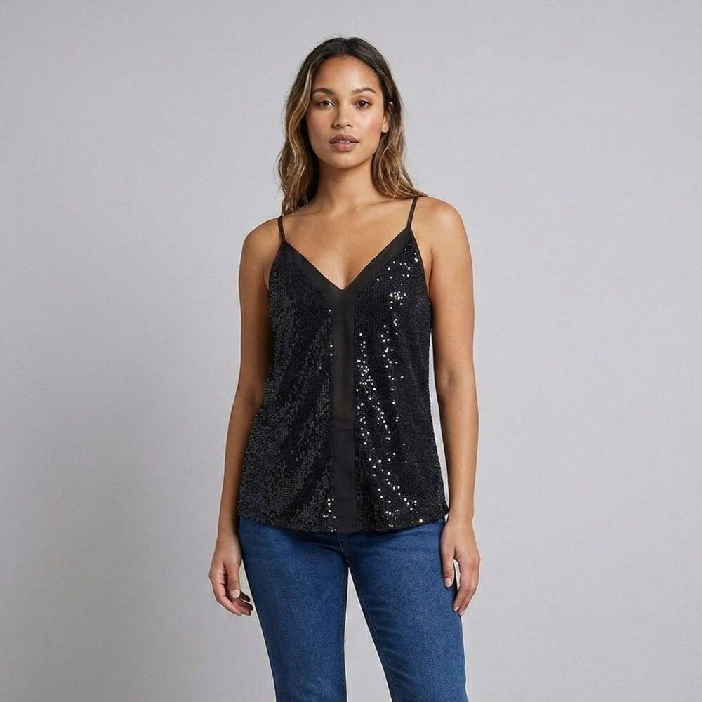 ❤️Sequin Tback Cami Womens Small Black Sequin Vneck Party Night Sparkle❤️